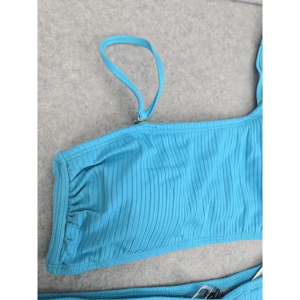 WallFlower Blue Ribbed Bikini Top‎ and Cheeky Bottoms Set UPF 50+, Womens size M - Picture 5 of 8